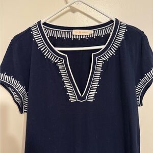 Tory Burch Navy Embellished Blouse with White Detailing
